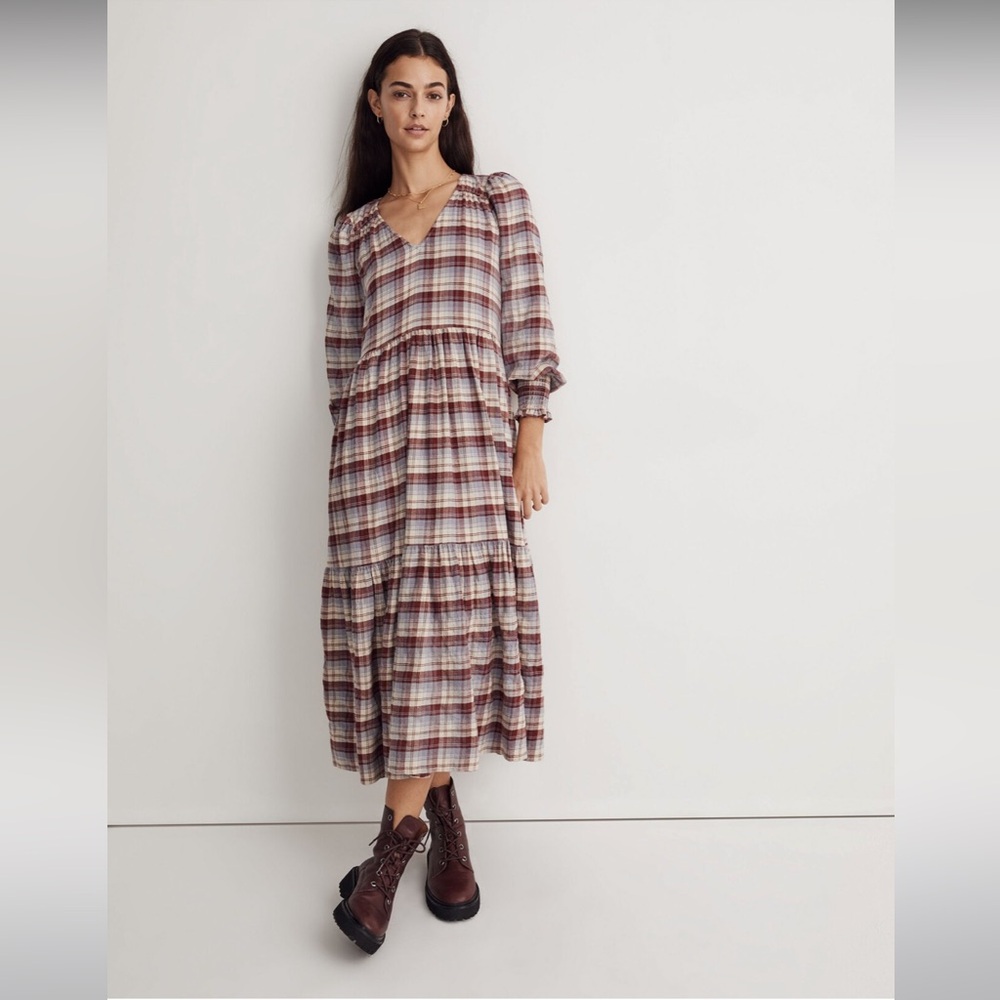 V-Neck Tiered Midi Dress in Plaid